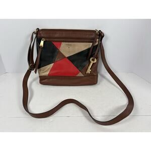 Fossil Fiona Leather Patchwork Colorblock Crossbody Bag Red Gold Brown Pre-Owned